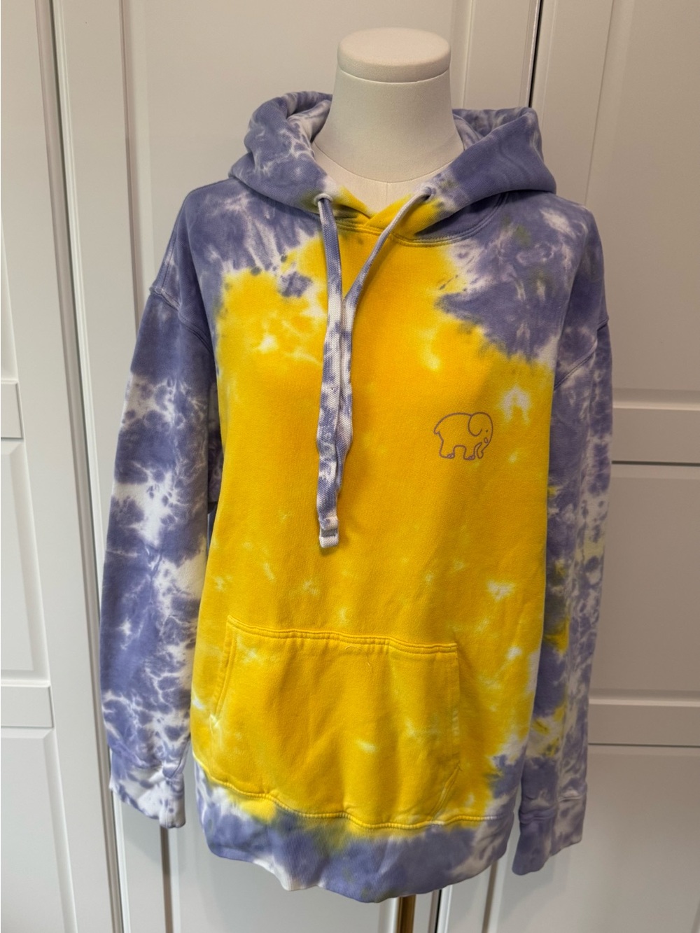 ivory ella Unisex Organic Cotton Tie-Dye Yellow & Purple Hoodie Elephant Logo M